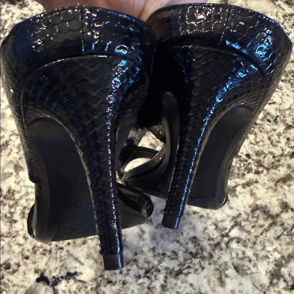 Calvin Klein Black Patent & Snake-Texture Heel Sandals - Picture 7 of 9